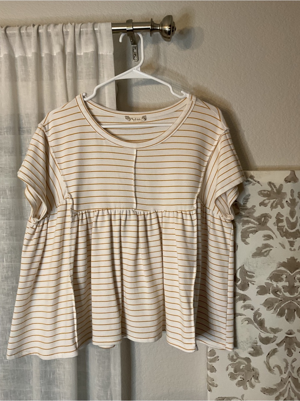 Altar'd State Cream and Mustard Striped Short Sleeve Babydoll Top